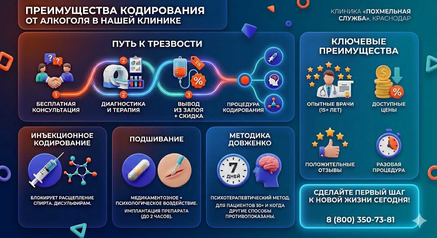 Инфографика о методах кодирования от алкоголя в Вичуге: инъекции, подшивание, метод Довженко. Преимущества клиники и этапы лечения.